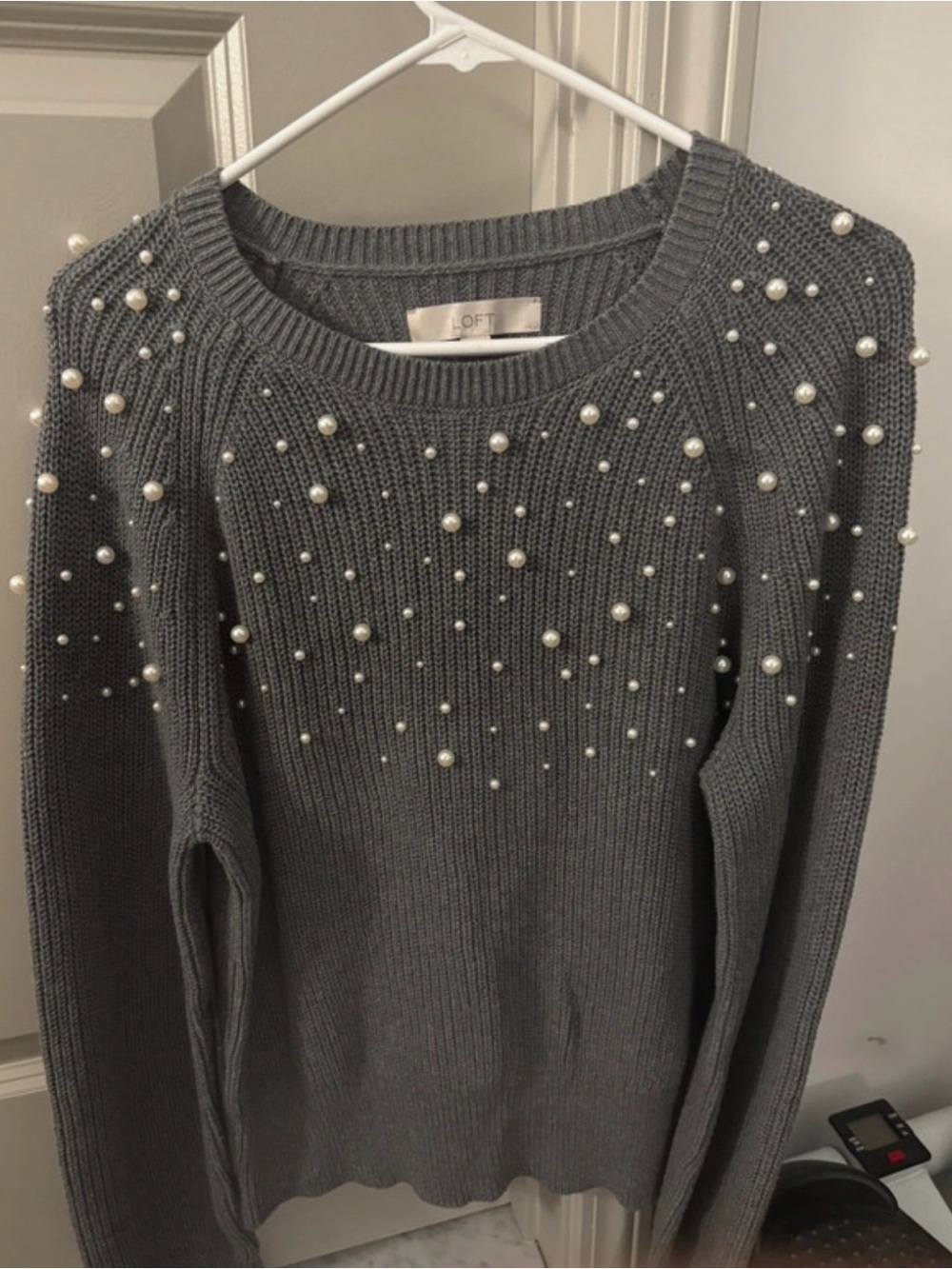 LOFT Gray Crewneck Sweater with Pearl Embellishments